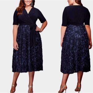 Alex Evenings Tea Length Jersey & Rosette Lace Navy Formal Dress SZ 20W $279